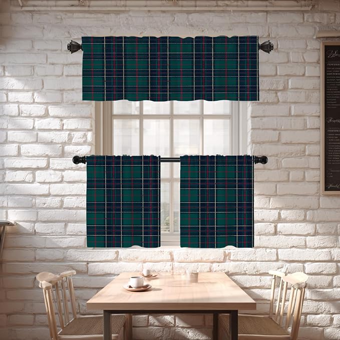Shrahala Tartan Plaid Kitchen Valances, Green Scottish Fabric Kilt Twill Woven Half Window Curtain Window Treatment Multilayer Polyester Blackout for Living Room Bathroom 52 x 18 in