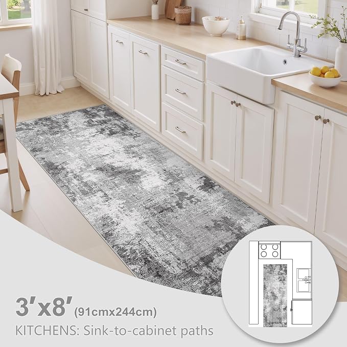 Abstract 3x8 Runner Rug: Machine Washable Non Slip Ultra Thin Low-Pile Carpet, Soft Stain Resistant for Hallway Kitchen Bathroom, Kid Pet Friendly, Robot Vacuum Compatible - Grey