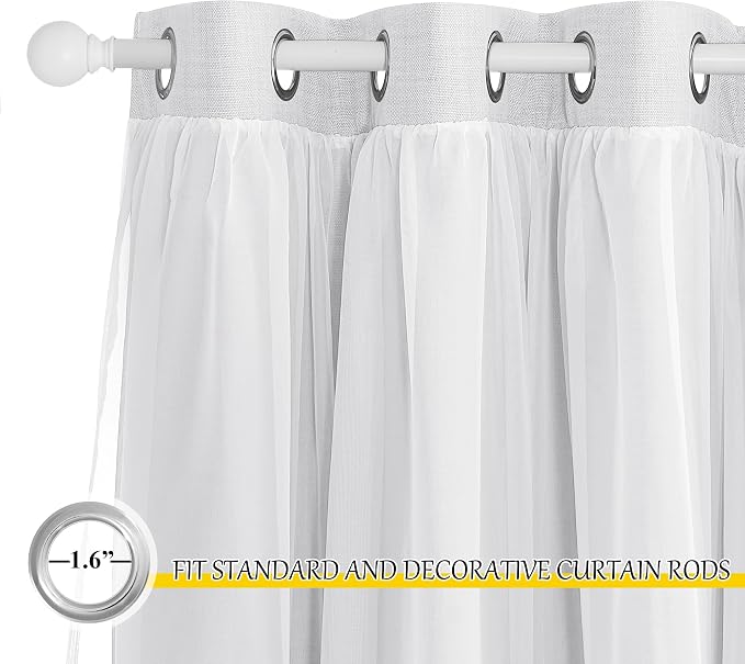 NICETOWN Double Layer Lined Curtains with Sheer Overly, Farmhouse Style Linen Blend Light Filtering Room Darkening Curtains for Kids Room, Bedroom Curtains (2 Panels, W52 x L84, Greyish White)