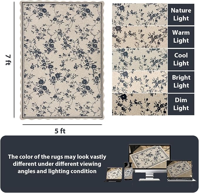 ORTIGIA Scalloped Easy Jute 5x7 Area Rug Vintage Black Floral Farmhouse Washable Rug Non-Slip Indoor Outdoor Carpet for Living Room Bedroom Patio Entryway