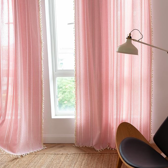 RoomTalks Cute Pink Textured Curtains for Girls Bedroom Nursery 84 Inches Length 2 Panels Light Filtering Boho Chic Tassel Window Curtain Panels Modern Farmhouse Draperies