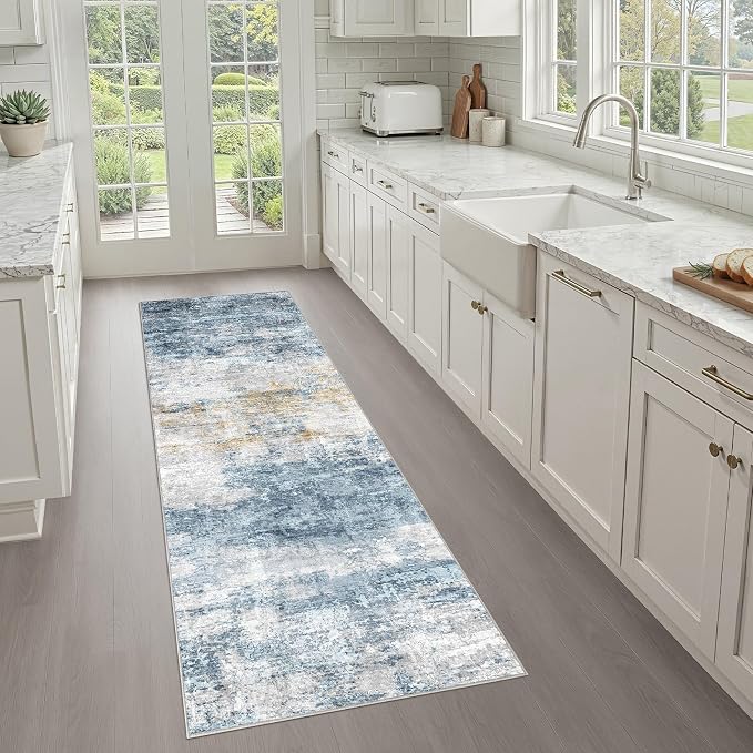 Runner Rug Non-Slip Kitchen Rug: 2x6 Washable Abstract Modern Soft Stain Resistant Indoor Floor Neutral Accent Throw Carpet for Hallway Bathroom Laundry Room Bedroom Entryway- Blue Gold