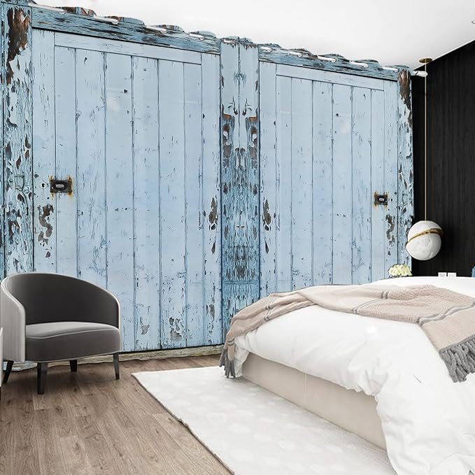 Wooden Barn Door Window Curtains Vintage Blackout Kitchen Curtains Rustic Country Farmhouse Garage Decor Light Blue Wood Planks Print Window Drapes for Living Room Bedroom,53x45 inch,2 Panels