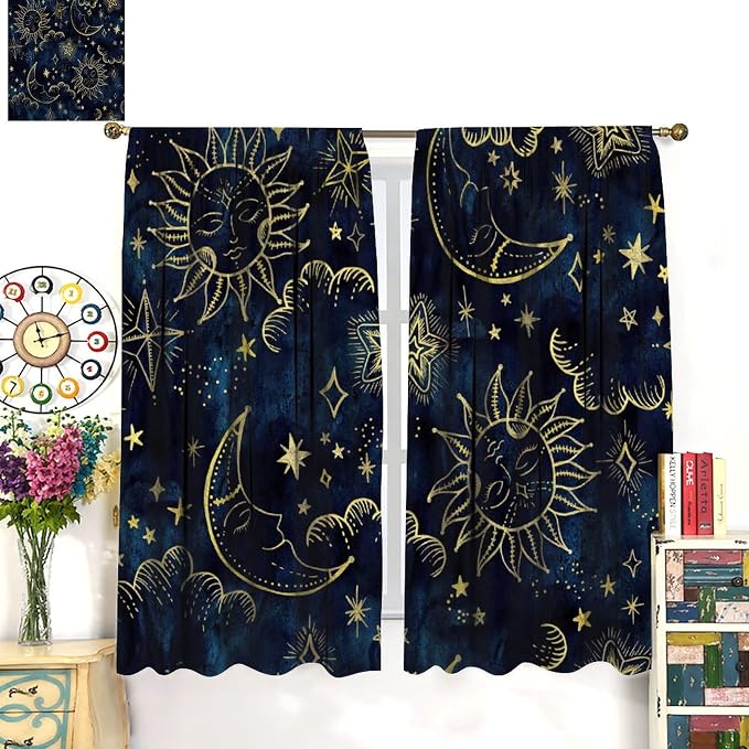 Boho Sun Moon Blackout Window Curtains, Bohemia Theme Sun Moon Stars Print Pattern Rod Pocket Window Drapes, for Living Room Bedroom 72x63in 2 Panels