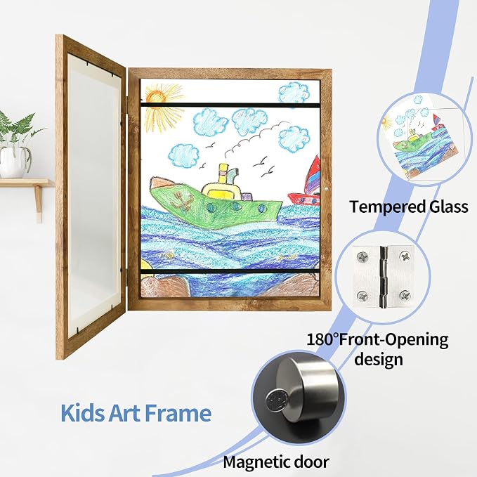 iRahmen Kids Art Frames 10x12.5 - Front Opening Childrens Picture Frame Changeable, Wood Artwork Display Storage for Wall Mount, Magnetic Door Holds 50 Art Pieces for Drawings, 3D Picture, Crafts, Portfolio, Brown
