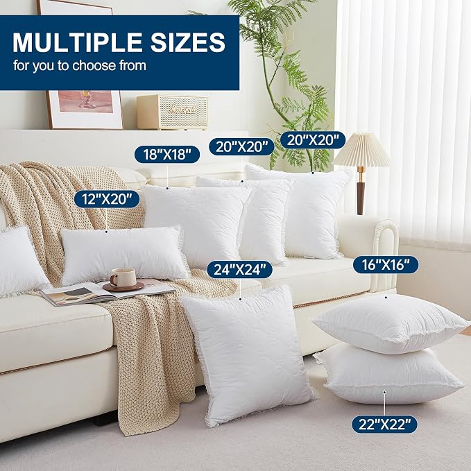 20 x 20 Throw Pillow Inserts with Lace Edge - Soft and Fluffy, Breathable Quilted Cotton Fabric - Decorative Pillows for Couch Sofa Bed, White, Pack of 2