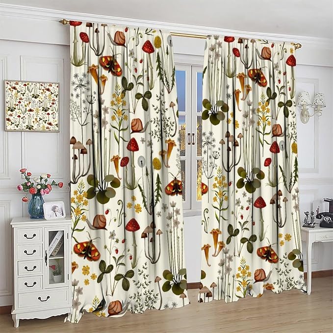 Rustic Mushroom Curtains, Farmhouse Country Fairy Tale Forest Wild Floral Botanical Nature Plants Herbs Moth Blackout Window Treatments for Kitchen Bedroom Livingroom, 42" W X 63" L