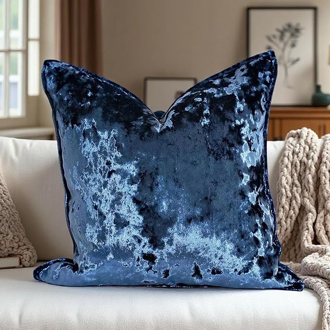 Velvet Pillow Cover Blue 18x18 Inch - Luxury Crushed Velvet Decorative Throw Pillow Case for Living Room Sofa Bed (1 Pack)