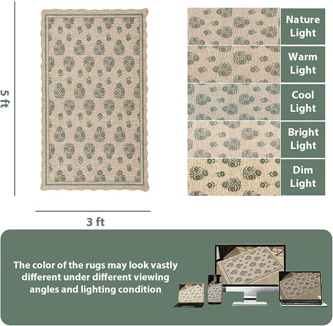 ORTIGIA Scalloped Easy Jute 3x5 Area Rug Vintage Green Floral Accent Farmhouse Washable Rug Non-Slip Indoor Outdoor Carpet for Living Room Bedroom Kitchen Patio Entryway