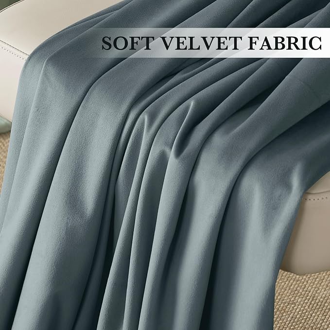 RYB HOME Dusty Blue Velvet Drapes for Baby Boy Bedroom, Thermal Insulated, Light Blocking, Floor-Length Velvet Curtains with Hook Belt for Modern Home Decor, 52" W x L100 L, 2 Panels Set