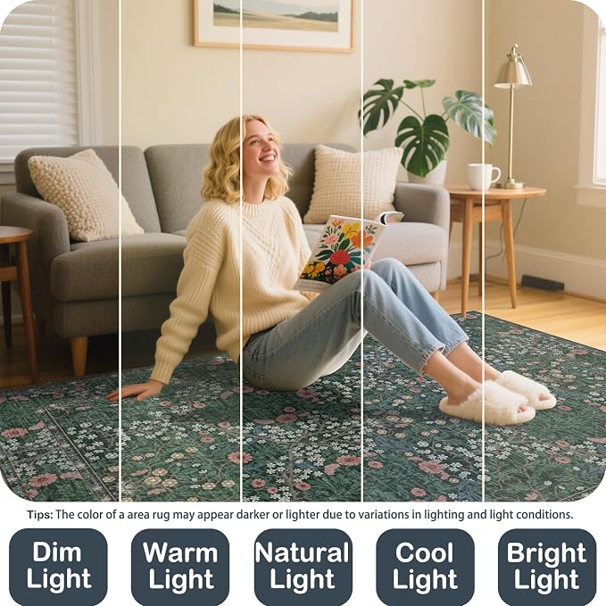 Vintage Green Living Room Rug, 8x10 Washable Area Rugs for Dining Room Under Table, Soft Low Pile Large Carpet Bedroom, Non-Slip Boho Floral (8 x 10 Green)