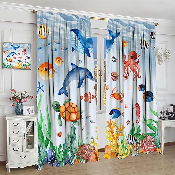 YCness Sea Animal Curtains for Boys Girls Bedroom Nursery Decor Cartoon Tropical Fish Underwater Coral Animals Art Printed Blackout Window Drapes Fabric Set 2 Panel 52x84 Inch 80% Shading Rate