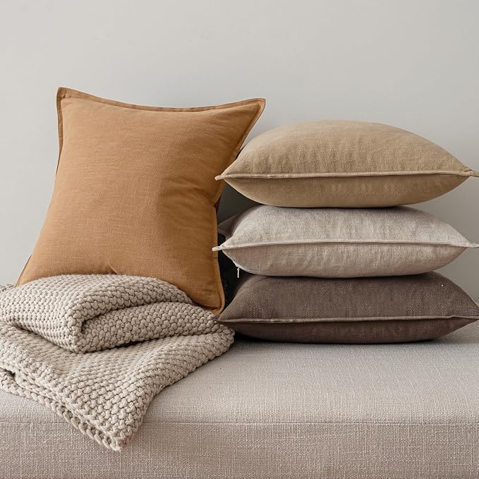 MIULEE Neutral Brown Boho Linen Pillow Covers 20x20 Inch Pack of 4 | Natural Fall Decorative Throw Pillow Covers Soft Farmhouse Couch Pillowcases Modern Decor for Living Room Bed Sofa