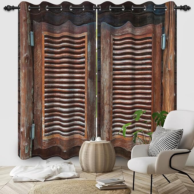 Rustic Wooden Barn Door Blackout Window Curtains Wood Planks Farm Farmhouse Curtains Country Retro Western Vintage Brown Window Treatments Kitchen Bedroom Living Room Decor,53x96 inch,2 Panels
