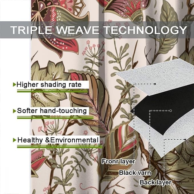 Vintage Floral Blackout Curtains, Bohemian Plant and Leaf Print, Blackout and Insulated Curtains for Bedrooms, Living Rooms, and Darkrooms63X63 Inch