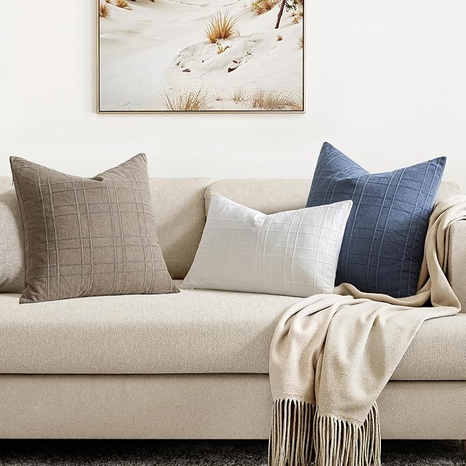 MIULEE Decorative Linen Check Throw Pillow Covers Neutral Farmhouse Vintage Pillow Covers 18x18 Set of 2 Boho Modern Home Decor for Sofa Couch Bedroom Cushion Blue