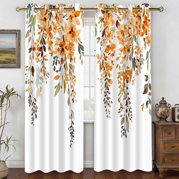 Orange Watercolor Floral Curtains, Botanical Leaves Vine Flowers Curtain, Rustic Farmhouse Flower Leaf Blackout Window Treatment Drapes for Bedroom Living Room 42x90 inch, 2 Panels