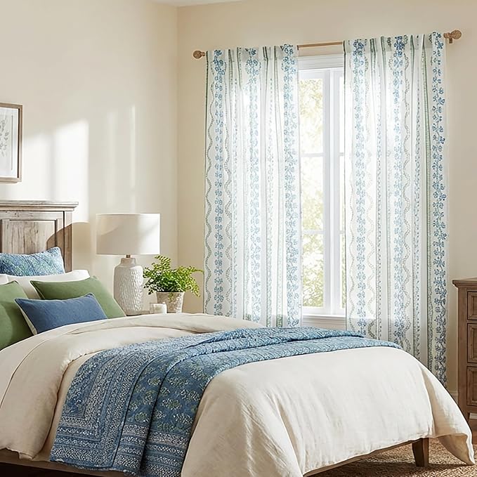 Teal Blue and Green Floral Curtains, English Country Classic Vintage Cottage Sheer Drapes for Bedroom Living Room 84 Inches Long