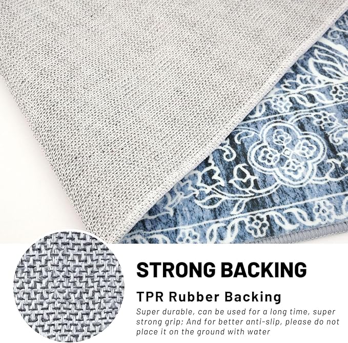 KUTA Modern Floral Area Rug 4x6 Living Room, Washable Printed Vintage Distressed Tribal Blue White Rugs, Non-Slip Dining Room Carpet, Soft Low Pile Cozy Boho Farmhouse Throw for Bedroom