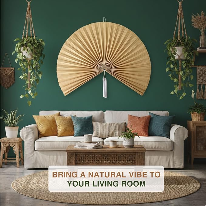 SUCHUBU Large Bamboo Wall Hanging, 47" Wall Hanging Fan For Decoration, Headboard Fan Decor, Woven Bamboo Art, Boho & Asian Inspired Home Decoration (Beige, Large)