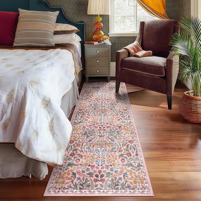 2.6x8 Machine Washable Runner Rug, Kitchen Hallway Area Rug Pink Vintage Boho Floral Ultra Non-Slip Low Pile Soft Faux Wool Carpet Kids and Pets Friendly for Bedroom Entryway Nursery Decor Rug