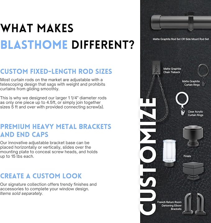 BlastHome® Non-Adjustable Luxury Curtain Rods for Windows, 1 ¼” Rod Set, 7 foot Fixed Length (Two Rods Connect for a Seamless Look), Matte Graphite