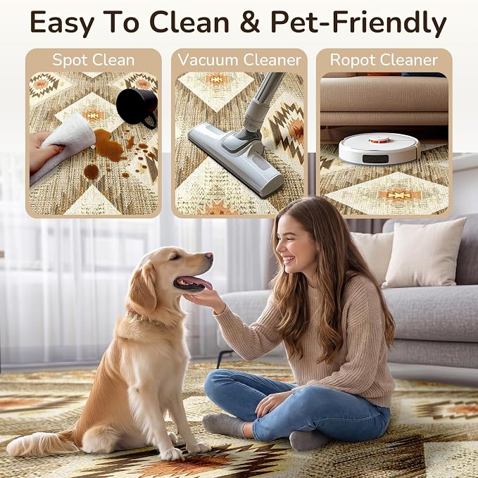 Area Rug 2x8 Rug Machine Washable Non-Slip Low Pile Print Pattern Western Rug for Living Room Bedroom Entryway Tribal Series -Cream/Camel