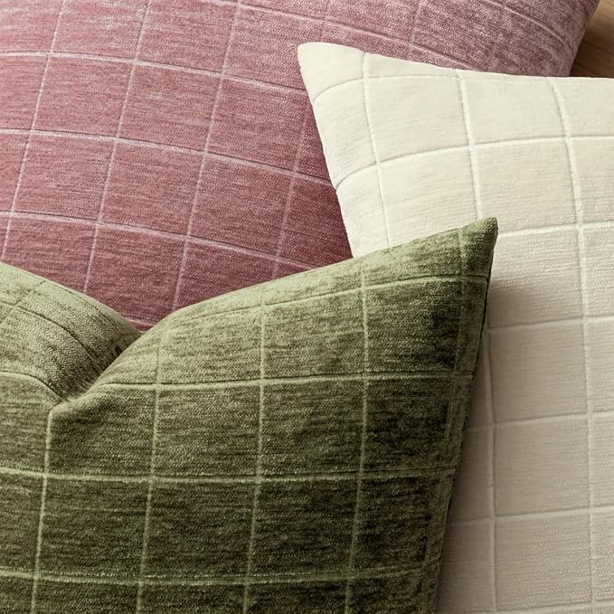 MIULEE Olive Green Plaid Decorative Throw Pillow Covers 20x20 Set of 2 | Vintage Check Chenille Couch Pillows Neutral Boho Farmhouse Cushion Covers Modern Home Decor for Sofa Bed Living Room