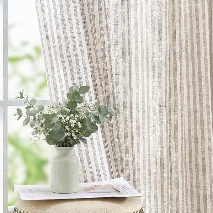 jinchan Linen Curtains 96 inch Taupe Grey Stripe on Beige Grommet 2 Panels | Curtains for Living Room Bedroom,Ticking Stripe Pattern,Pinstripe Farmhouse Rustic,Window Treatment,Light Filtering