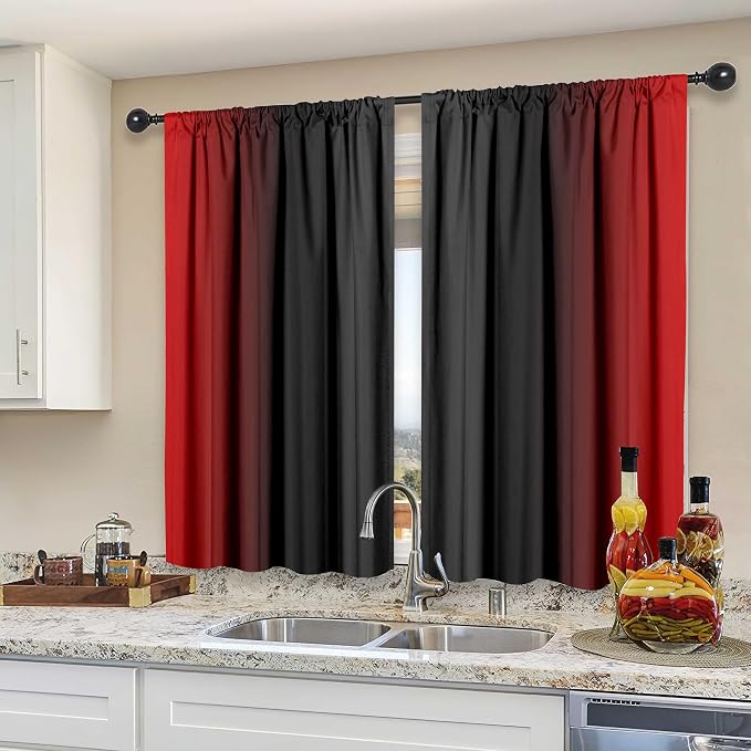 Red and Black Kitchen Curtains 2 Panels for Dining Room Abstract Ombre Curtain 39 inch Length Semi Sheer Rod Pocket Window Treatment Panel for Living Room,27.5"x39"