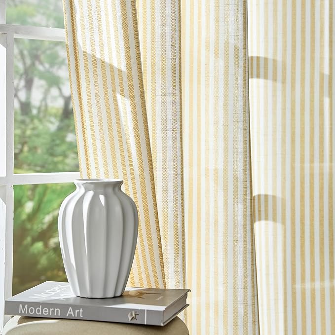 jinchan Linen Curtains 63 inch Yellow Stripe on White Grommet 2 Panels | Curtains for Living Room Bedroom,Ticking Vertical Stripe Pattern,Modern Farmhouse Drapes, Window Treatment,Light Filtering