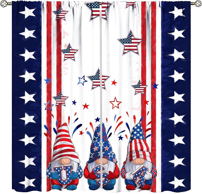 American Flag Curtains,4th of July Independence Day Stars Stripes Cute Gnome Print Drape for Bedroom Living Room Window Treatment 2 Panels Set Total Size 42" W X 54" L Inch