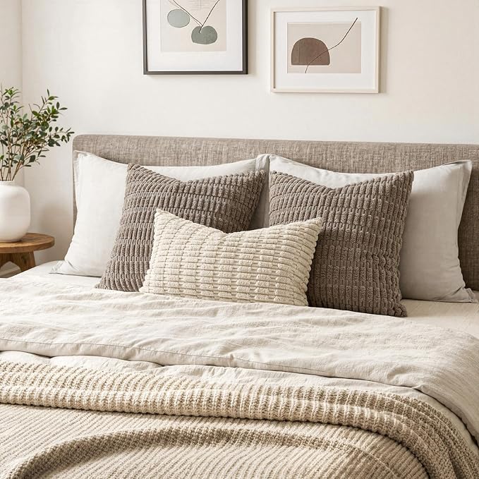 MIULEE Pack of 2 Corduroy Decorative Lumbar Throw Pillow Covers 20x12 Inch Soft Boho Striped Pillow Covers Modern Farmhouse Home Decor for Sofa Living Room Couch Bed Cream White