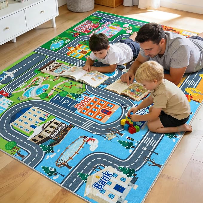 Car Rug Play Mat for Kids Toy Cars, 8' x 10' City Road Town Track Four Seasons Traffic Carpet, Non-Slip Washable Area Rug for Kids Room Bedroom Classroom Play Area, Fun Learning Carpet for Children