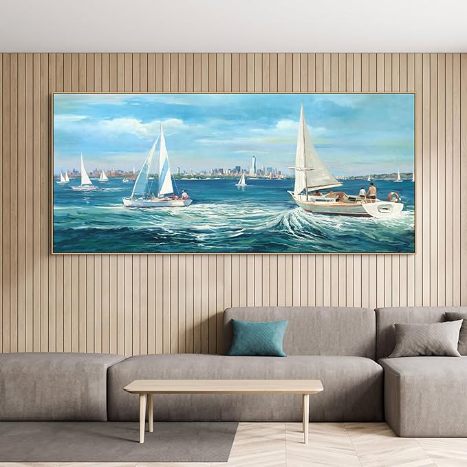 Sailboat Wall Art for Living Room Framed Canvas Beach Artwork for Walls | Extra Large 70x31 Inches Landscape Modern Seascape Picture Sailboat Artwork for Bedroom Bathroom Office Home Wall Decor
