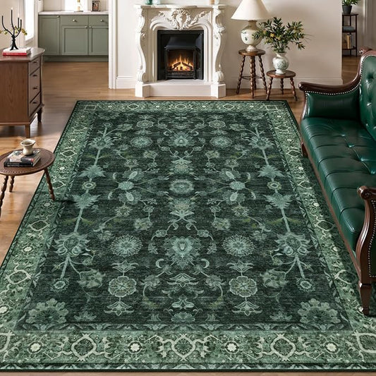 Tangsoo 6x9 Green Large Area Rug for Living Room, Non Slip Machine Washable Rug for Bedroom, Boho Distressed Vintage Floral Rugs, Soft Low Pile Floor Carpet for Dining Room Office Kitchen Farmhouse