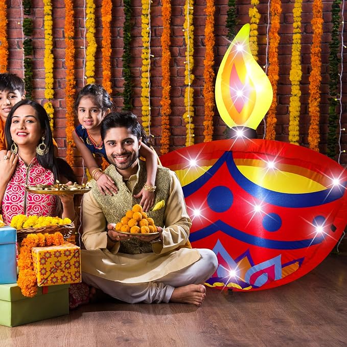 VIHOSE 4.27 ft Happy Diwali Inflatables Outdoor Decorations Diyas Oil Lamp Blow up Yard Decor Tea Light Style Indian Diwali with Built in LED Lights for Hindu Party Deepavali Home Garden Yard Lawn