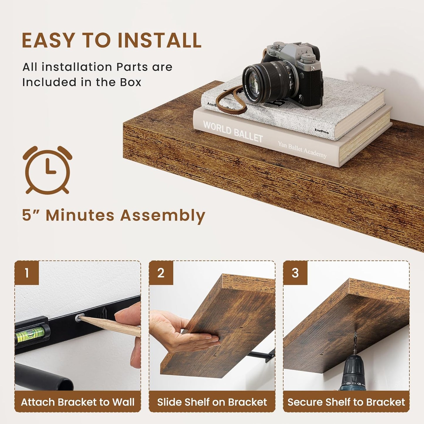 fuqing Floating Shelves for Wall, Bathroom Shelf Wall Mounted for Storage, Shelves with Invisible Bracket for Bedroom, Kitchen, Living Room, Farmhouse Small Book Shelf, 24 Inch Set of 2, Rustic Brown