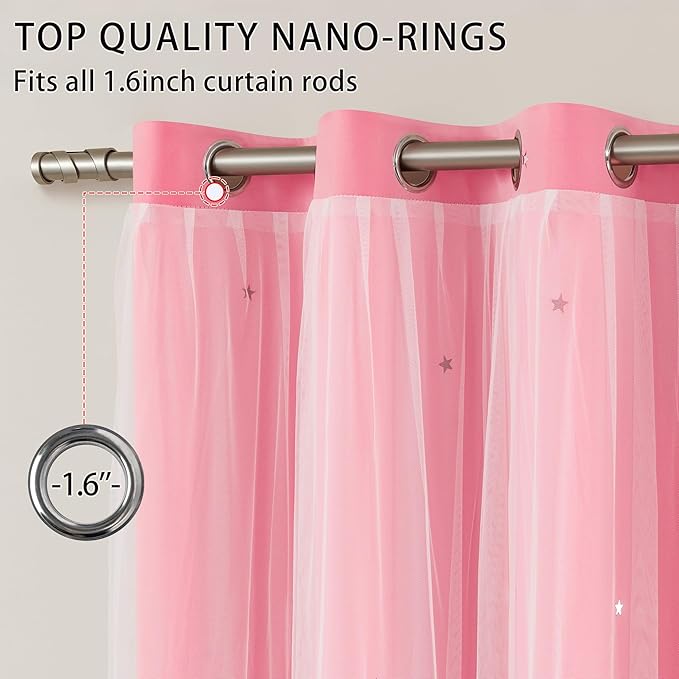 XiDi Pink Curtains for Kids Girls Bedroom 2 Panels Blackout Double Layer Curtains with Sheer Overlay 72 Inches Length for Nursery Princess Room Star Cut Out Home Decor Grommet Window Drapes W52 X L72