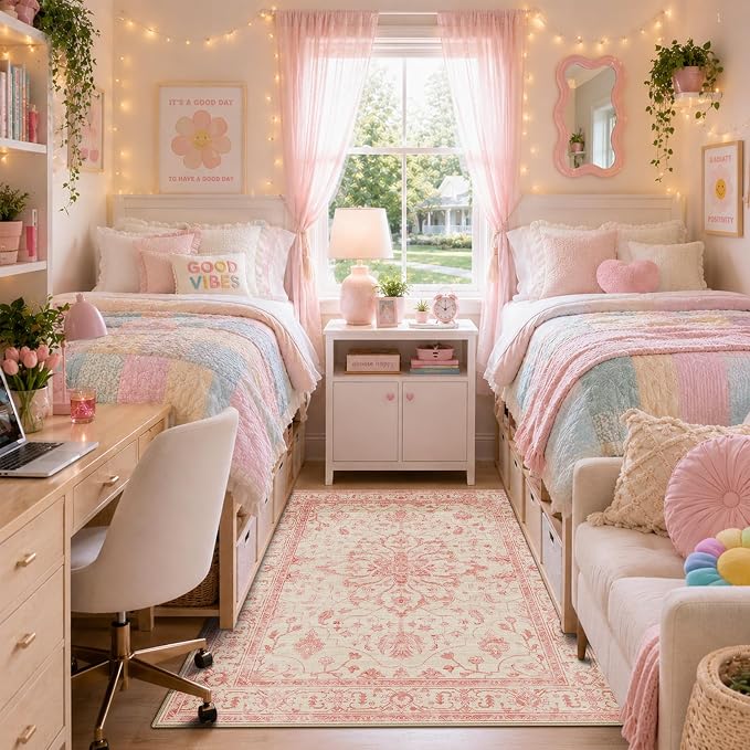 RELEANY Area Rugs 4'x6' Washable Non-Slip, Floral Vintage Distress Medallion Carpet for Living Room Bedroom Dining Room, Pink Light Vintage Pink