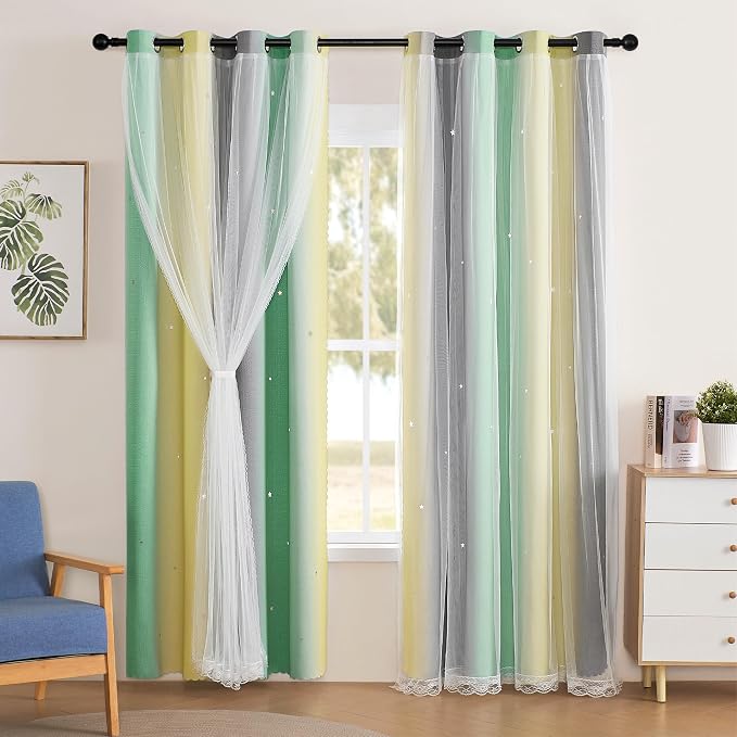 XiDi Grey Green Yellow 72 Inches Curtains for Girls Bedroom 2 Panels Set, Blackout Rainbow Curtains for Kids Room Decor, Unicorn Wall Decals Drapes for Little Girl Nursery Room 52 Inches Wide