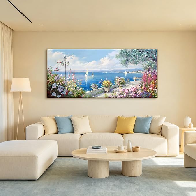 Oversized French Coastal Flower Sailboat Canvas Wall Art Framed Pastel | Mediterranean Seaside Landscape Painting Large Wide Wall Decor For Spacious Living Room Master Bedroom Open Dining Room 70x31