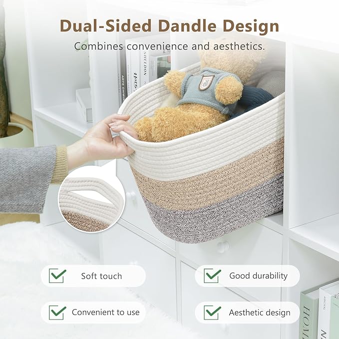ECDYQXVU Cotton Rope Storage Basket, 15x10x9 Inches, Woven Basket for Shelves, Clothes, Towels, Books, and Laundry, White Brown (1 Pack)
