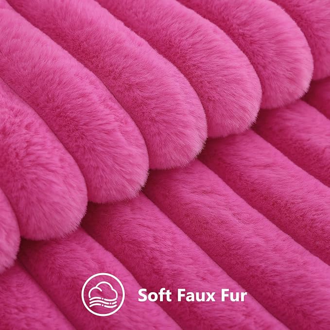 decorUhome Fall Cozy Faux Fur Throw Pillow Covers 24x24 Set of 2 Decorative Soft Plush Striped Modern Farmhouse Boho Couch Euro Sham Pillow Cases with Velvet Back for Sofa Bed Living Room, Hot Pink