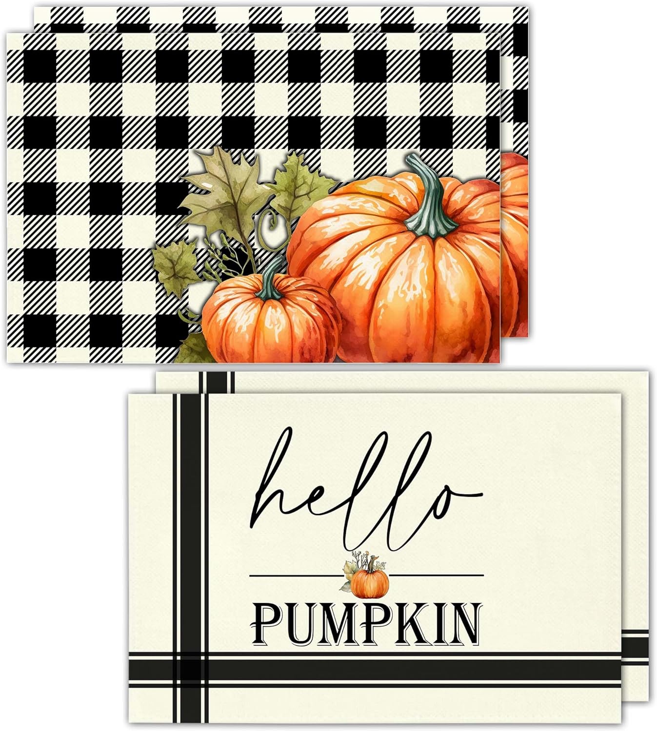 Hello Pumpkin Placemats Set of 4, 12x18 Inch Black Fall Buffalo Plaid Table Mats, Washable Heat Resistant Place Mats for Kitchen Dining Table, Autumn Home Farmhouse Decor-B02