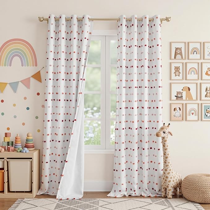 MEETSKY 100% Blackout Curtains for Girls Bedroom 95 Inch Long Light Blocking Thermal Curtains for Living Room 2 Panels Room Darkening Grommet Double Layer Drapes with Red Pom Pom 52W x 95L