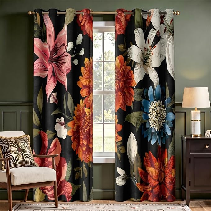 Black Boho Floral Blackout Curtains Mid Century Vintage Botanical Flower Patterned Room Darkening Thermal Insulated Curtains 2 Panels Set, Window Curtain for Bedroom Living Room Decor 52X84 Inch