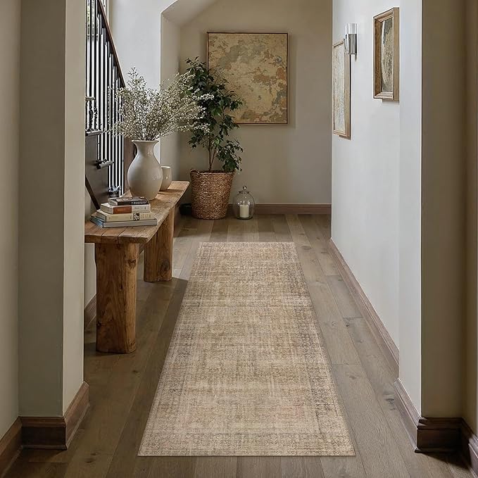 HUGEAR Retro 2x8 Washable Runner Rugs Brown Hallway Bedroom Kitchen Throw Carpet Vintage Distressed Neutral Stain Resistant Non Slip & Shedding Low Pile for Home Aesthetic Decor