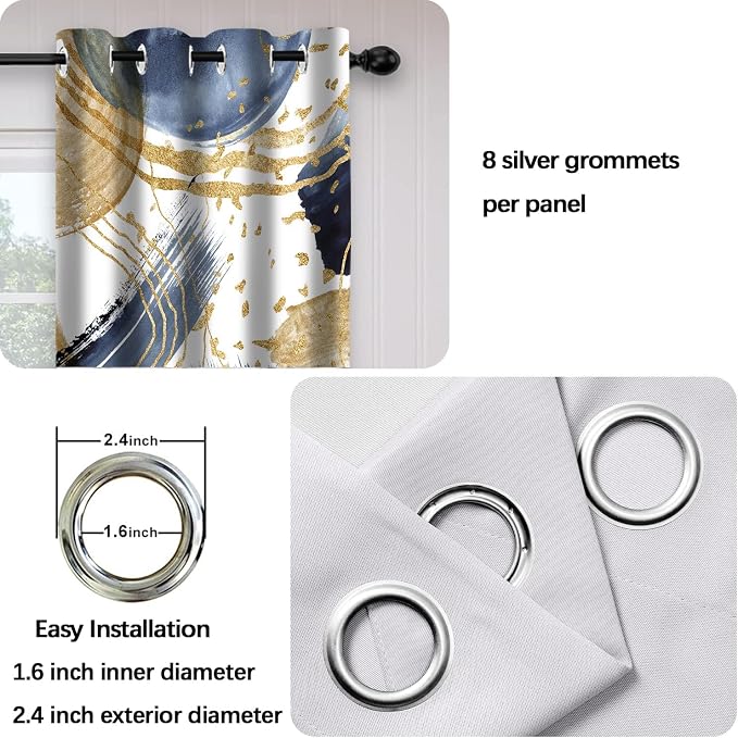 Abstract Blue Gold Blackout Curtain, Boho Aesthetic Modern Window Curtains Living Room Bedroom Decor Thermal Curtain Darkening Grommet Window Drapes Treatments, 2 Panels 52x96 Inch