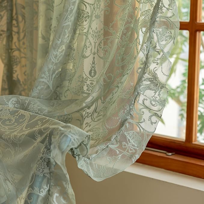 TUDECO Sage Green Lace Curtains 63 Inch Length - CottageCore Sheer Curtains for Bedroom, Cute Floral Frilly Scalloped Edges Light Filtering Rod Pocket Green Drapes 2 Panels, 59 x 63 Inch Sage Green